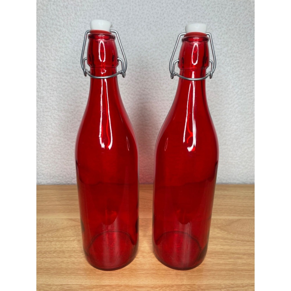 Bormioli Rocco Red Swing Top Giara Glass Bottle Set of 2‎ Made in Italy